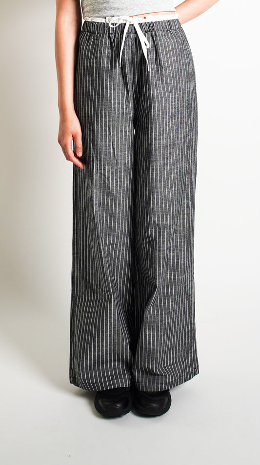 Pinstripe Wide-Leg Drawstring Pants