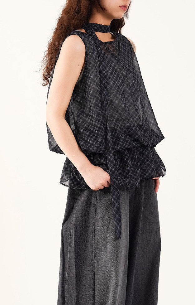 Sheer Plaid Camisole with Neck Strap