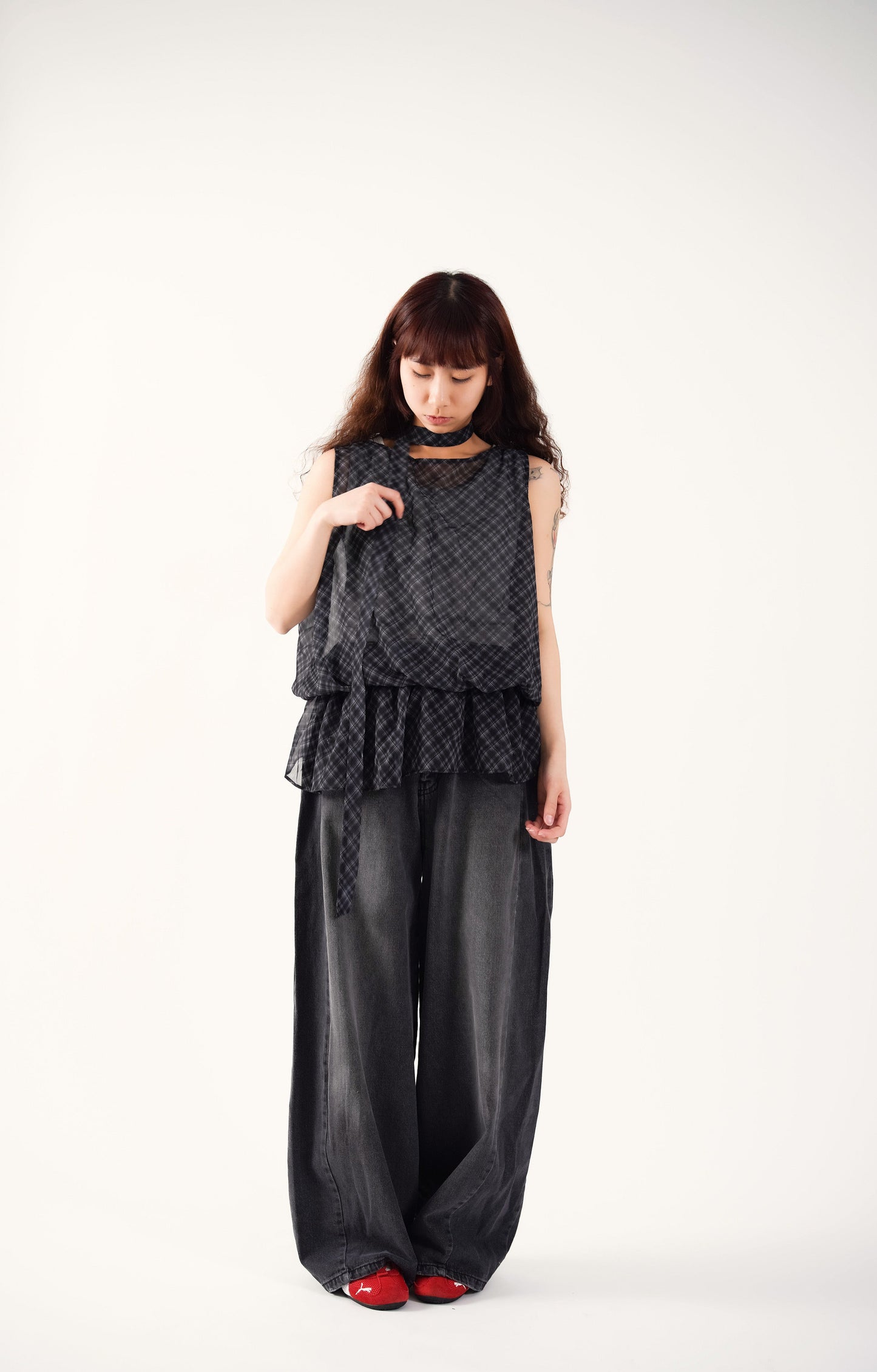 Sheer Plaid Camisole with Neck Strap