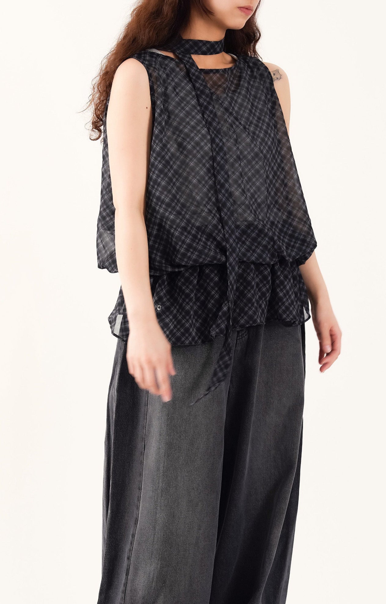 Sheer Plaid Camisole with Neck Strap