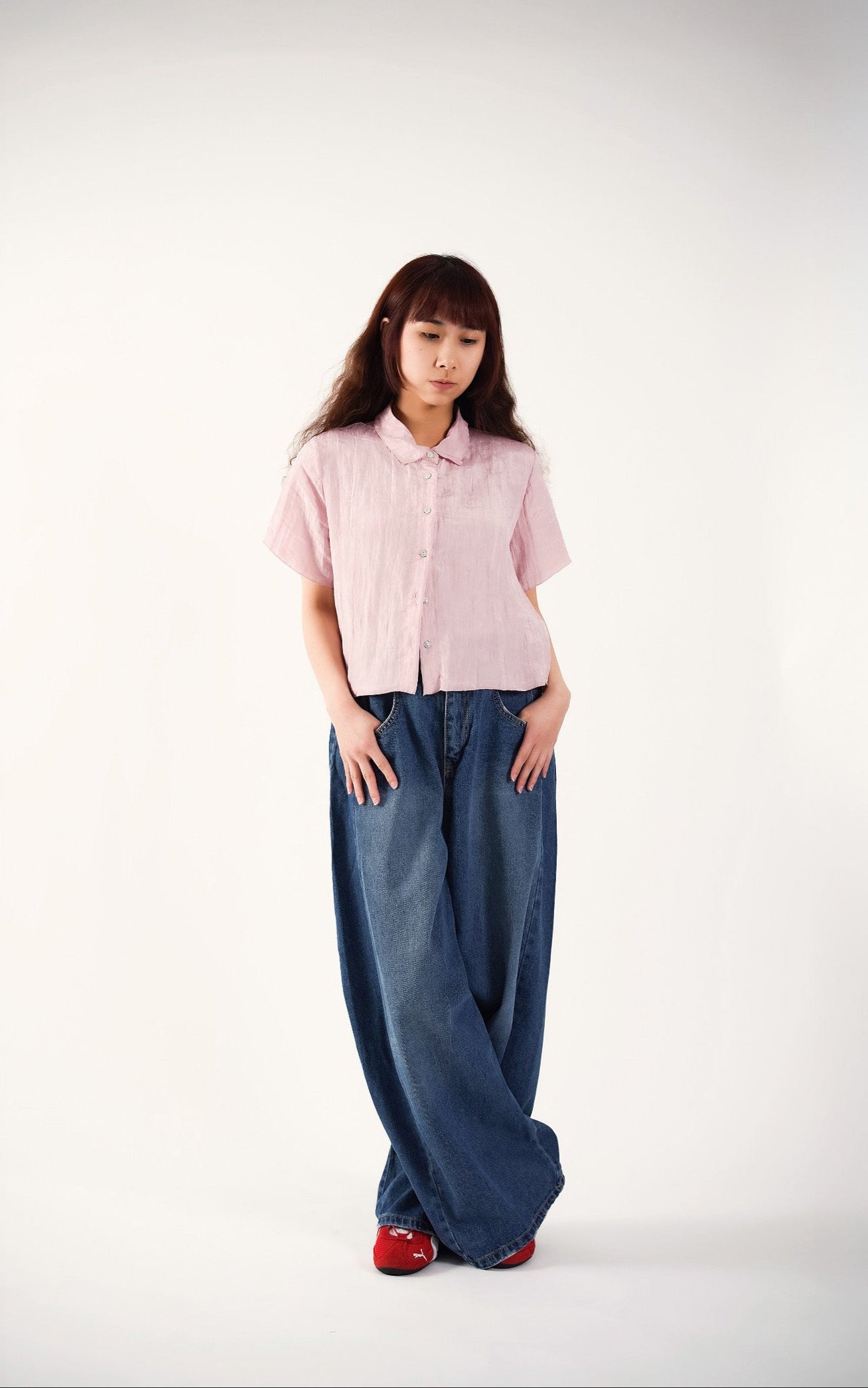 Pink Textured Crop Shirt