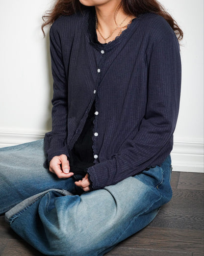 Lace Trim Button Front Knit Top