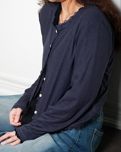 Lace Trim Button Front Knit Top