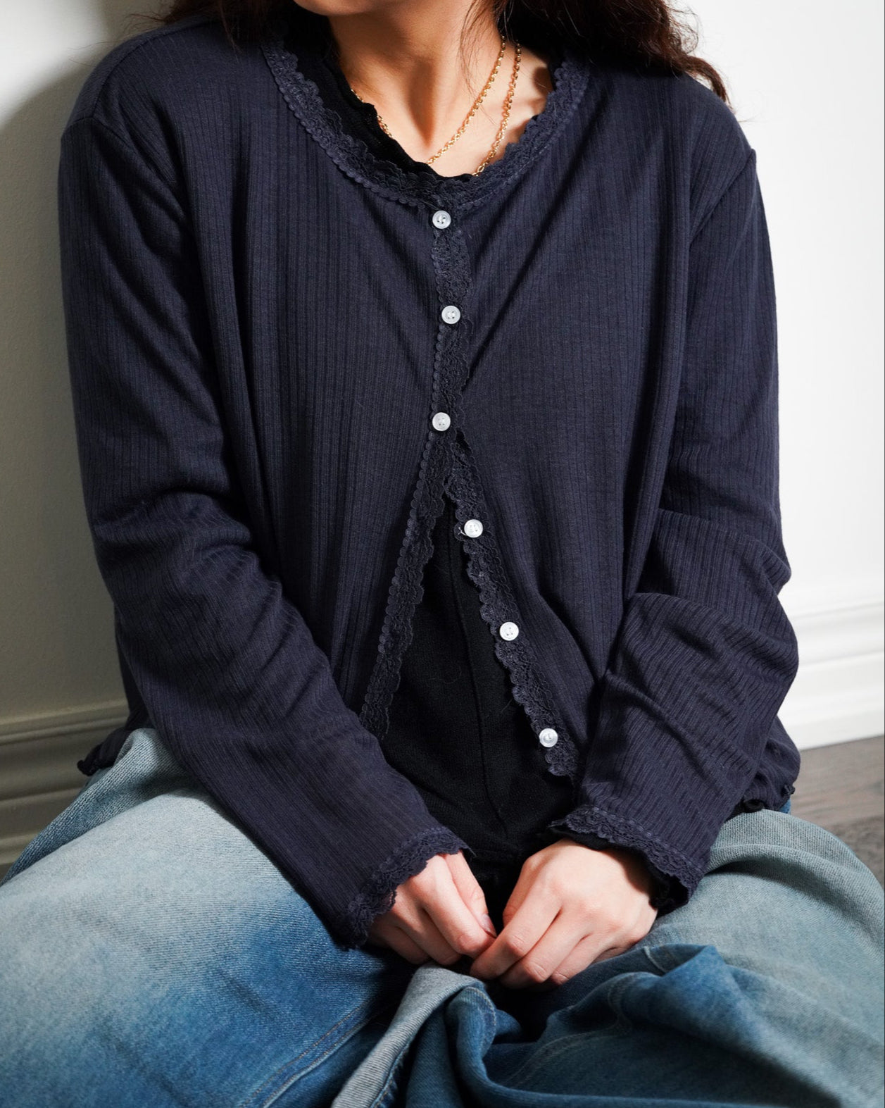 Lace Trim Button Front Knit Top