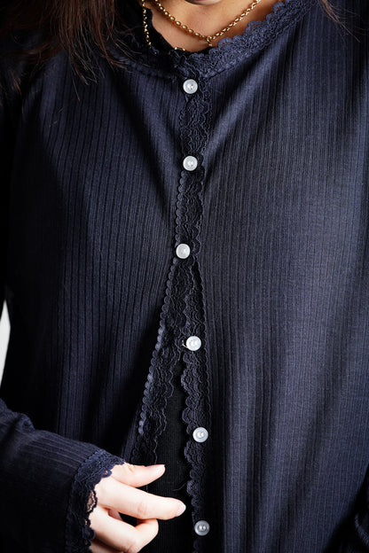 Lace Trim Button Front Knit Top