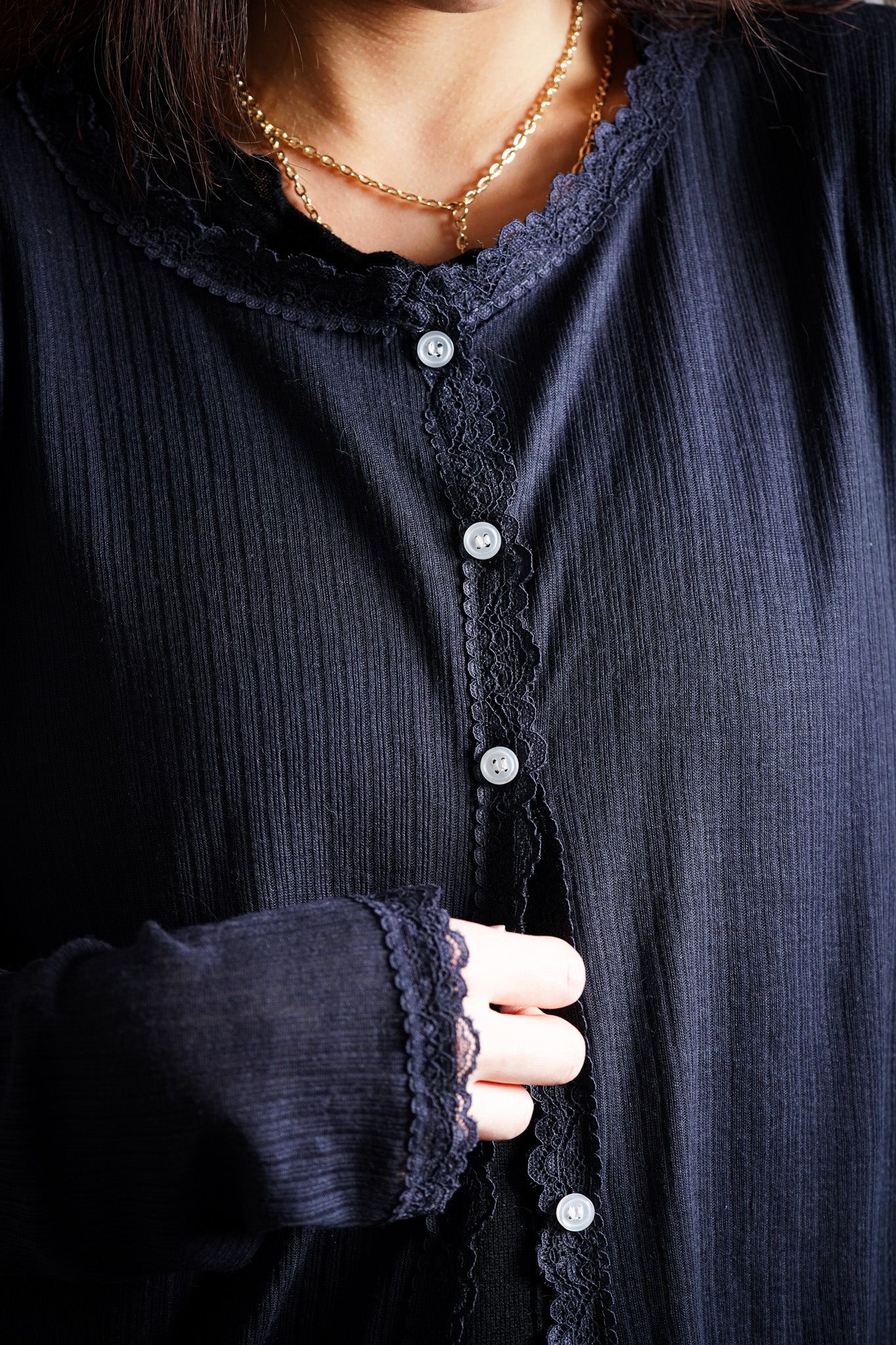 Lace Trim Button Front Knit Top