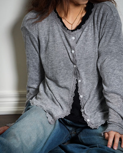 Lace Trim Button Front Knit Top