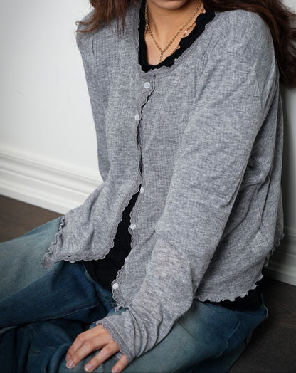 Lace Trim Button Front Knit Top