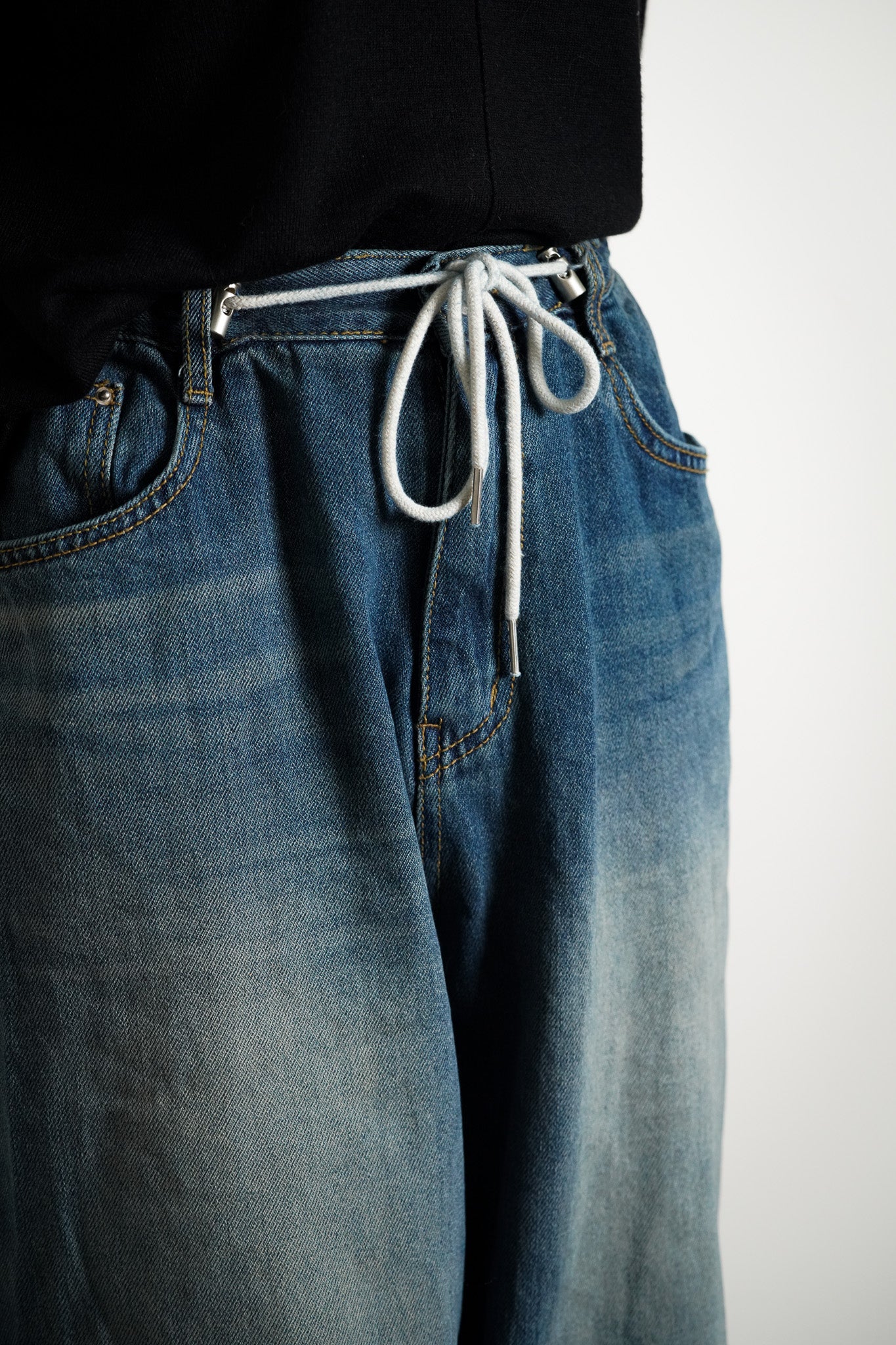 Faded Denim Drawstring Jeans