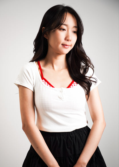Fake Two-Piece Scoop Neck Tee with Inner Vest