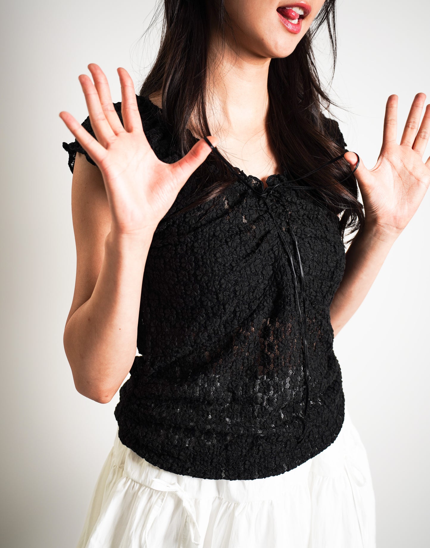 Black Lace Ruffle Blouse
