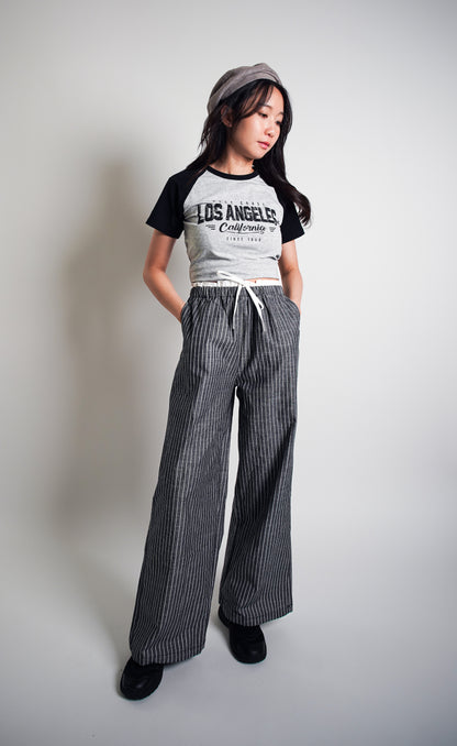 Pinstripe Wide-Leg Drawstring Pants
