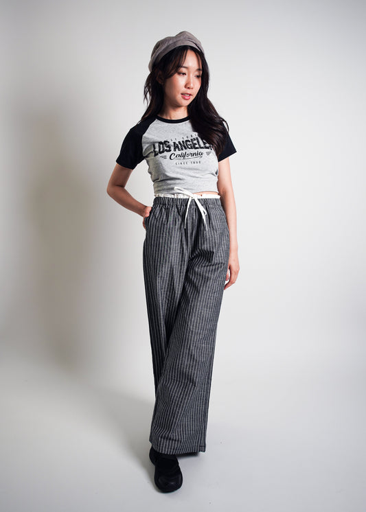 Pinstripe Wide-Leg Drawstring Pants