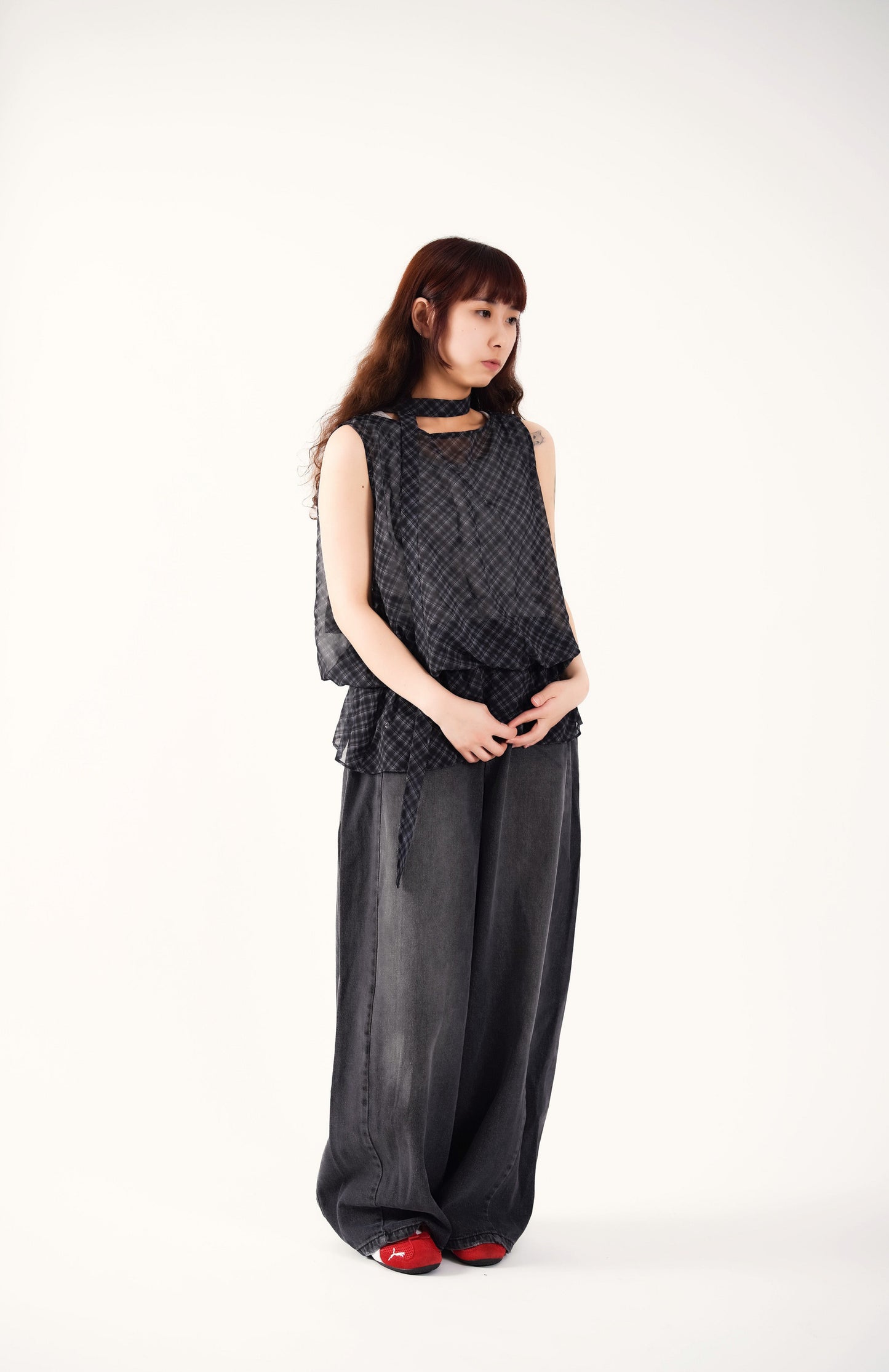 Sheer Plaid Camisole with Neck Strap