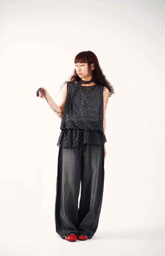 Sheer Plaid Camisole with Neck Strap