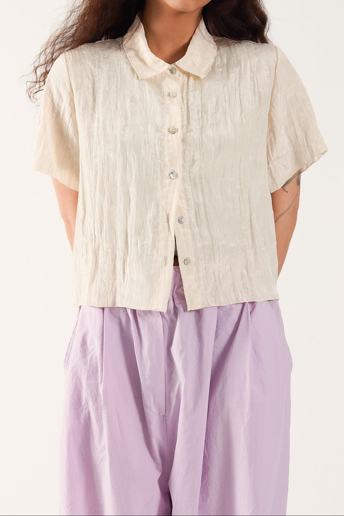 Pink Textured Crop Shirt