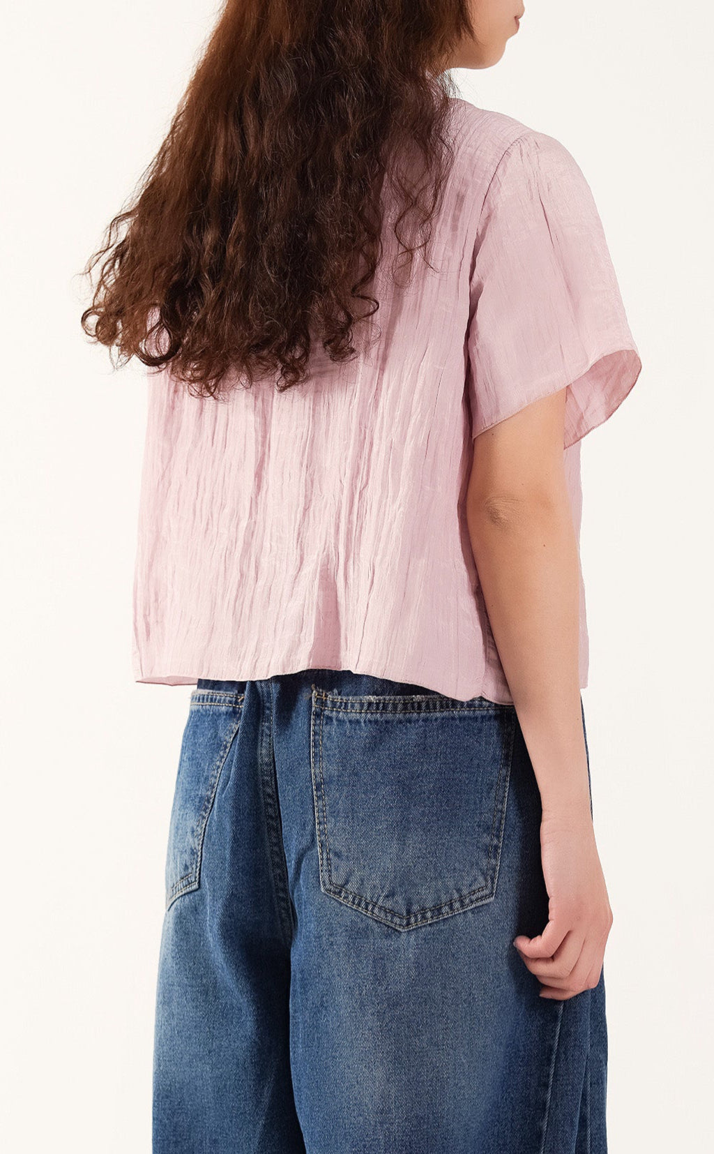 Pink Textured Crop Shirt