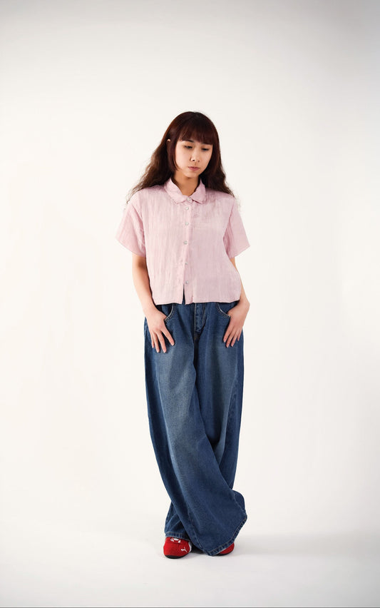 Pink Textured Crop Shirt