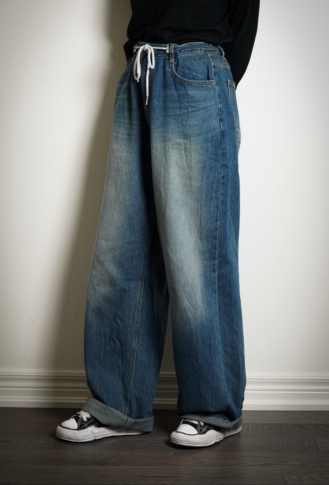Faded Denim Drawstring Jeans